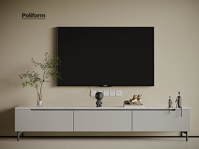 Modern White TV Stand With Potted Plant Decorative Figurines And Black Wall Mounted TV 3d model