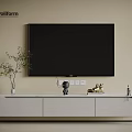 Modern White TV Stand With Potted Plant Decorative Figurines And Black Wall Mounted TV