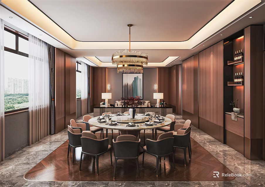 Luxurious Private Dining Room Interior With Round Dining Table Chandelier And Wine Cabinet 3d model 