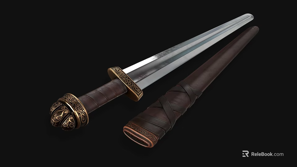 Ancient Decorative Sword With Ornate Hilt Metal Blade And Leather Scabbard 3d model 