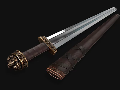 Ancient Decorative Sword With Ornate Hilt Metal Blade And Leather Scabbard 3d model