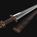 Ancient Decorative Sword With Ornate Hilt Metal Blade And Leather Scabbard