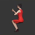 Elegant Woman Sitting Holding Yellow Cup In Red Dress Against Dark Background
