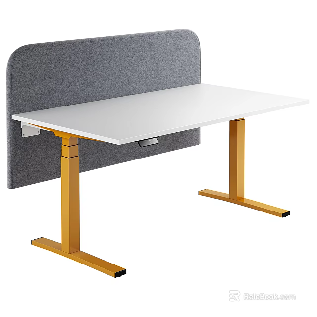 Modern White Desk With Gold Legs And Gray Backrest For Home Office 3d model 