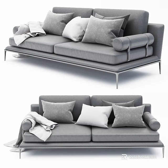 Modern Gray Two Seater Sofa With Soft Cushions And Cozy Throw Blanket 3d model