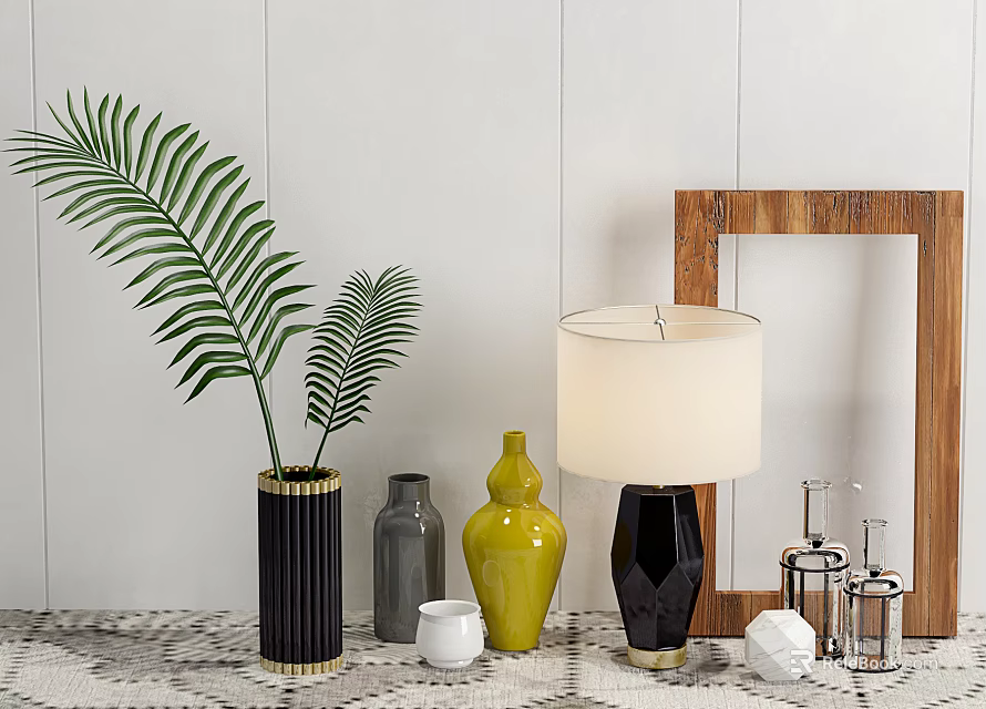 Decorative Ornament Set With Palm Leaves Vases Table Lamp Wooden Frame And Silver Accents 3d model 