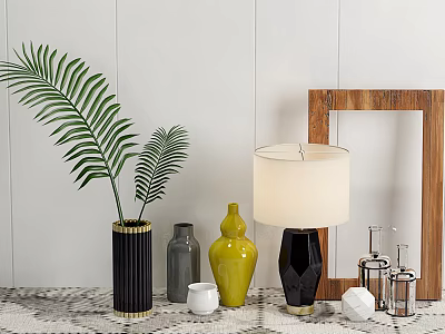 Decorative Ornament Set With Palm Leaves Vases Table Lamp Wooden Frame And Silver Accents 3d model