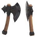 Medieval Battle Axe Weapon With Black Metal Blade Wooden Handle And Two Viewing Angles