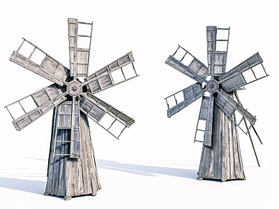 Two Rustic Wooden Windmill Architectural Components With Ladder And Rotating Blades 3d model