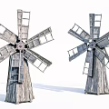 Two Rustic Wooden Windmill Architectural Components With Ladder And Rotating Blades