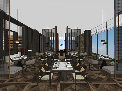 Modern Restaurant Interior With Wooden Tables Chairs Pendant Lights And Partition Screens 3d model