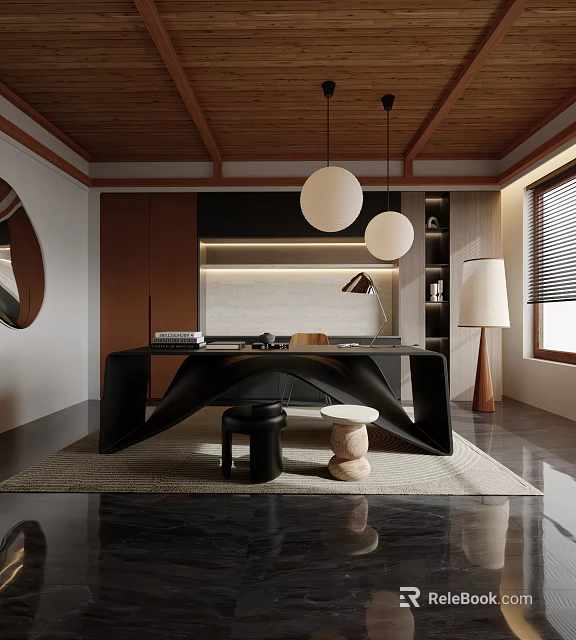 Modern Study Room Interior Design With Wooden Ceiling Pendant Lights Dark Desk And Bookshelf 3d model 