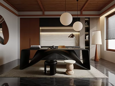 Modern Study Room Interior Design With Wooden Ceiling Pendant Lights Dark Desk And Bookshelf 3d model