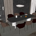 Modern Dining Table Set Featuring Black Rectangular Table Brown Chairs and Pendant Light 3d model