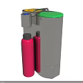 Stainless Steel Trash Bin With Colorful Lids And Red Recycling Bottle