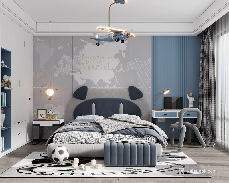 Kids Room Interior With Airplane Pendant Light World Map Wall And Animal Shaped Headboard 3d model 