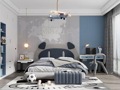 Kids Room Interior With Airplane Pendant Light World Map Wall And Animal Shaped Headboard 3d model