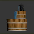 Wooden Tiered Water Fountain With Blue Flowing Stream And Metal Accents