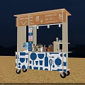 Illuminated Mobile Food Cart Design With Blue White Kitchen Utensil Patterns At Night