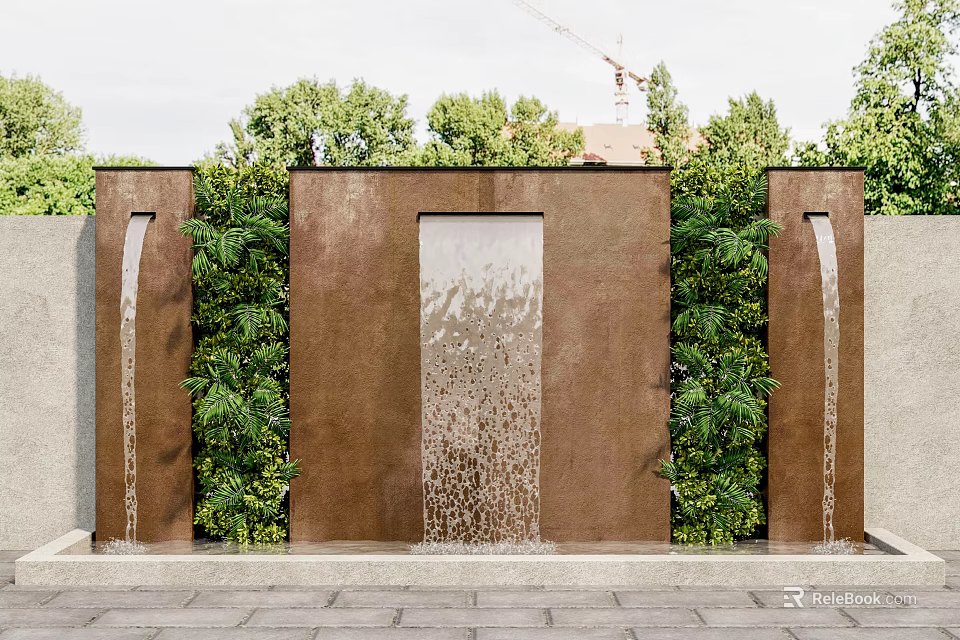 Outdoor Brown Water Feature Wall With Cascading Water And Lush Green Plants 3d model 