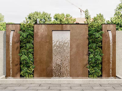 Outdoor Brown Water Feature Wall With Cascading Water And Lush Green Plants 3d model