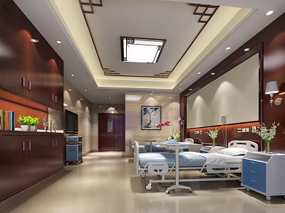 Modern Hospital Room Interior With Wooden Cabinets Chinese Ceiling Green Plants And Beds 3d model
