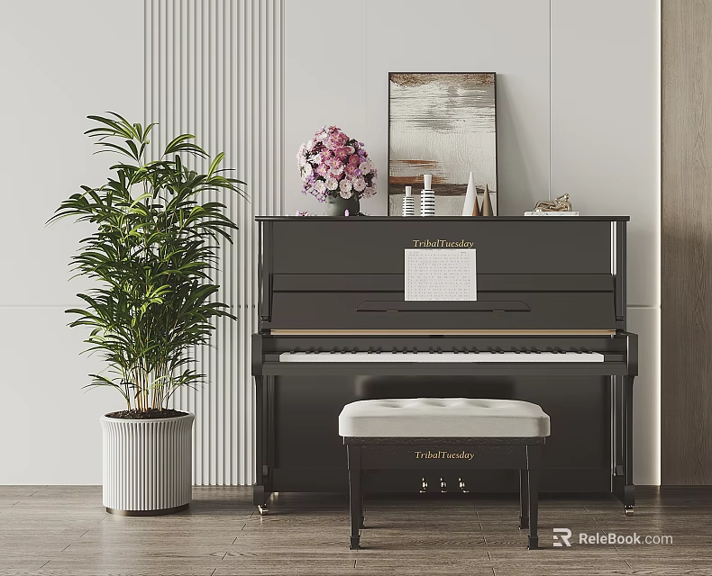 Elegant Black Upright Piano With Bench Painting And Green Plant 3d model 