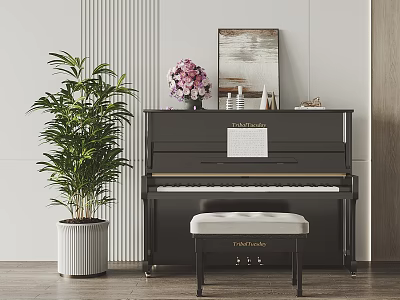 Elegant Black Upright Piano With Bench Painting And Green Plant 3d model