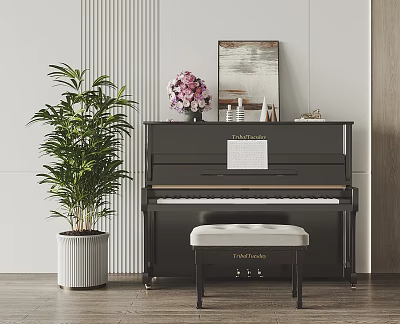 Elegant Black Upright Piano With Bench Painting And Green Plant 3d model