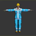 Man in Yellow Hard Hat and Blue Work Uniform With Arms Outstretched Against Gray Background