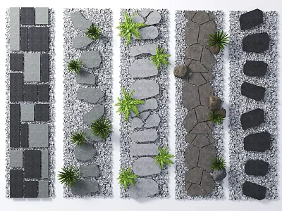 Diverse Stone Pavement Styles With Gray Dark Tiles And Small Green Plants 3d model