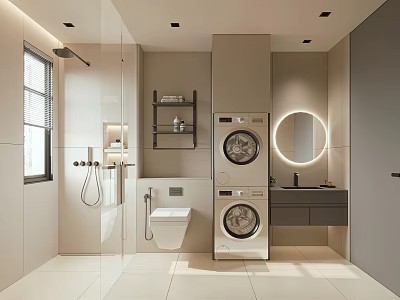 Modern Bathroom Interior Featuring Shower Area Toilet Stacked Washing Machines Round Mirror And Dark Vanity 3d model