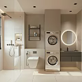 Modern Bathroom Interior Featuring Shower Area Toilet Stacked Washing Machines Round Mirror And Dark Vanity