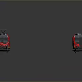 Two Red Modern Sleek Trains With Yellow Stripes On Black Glossy Background