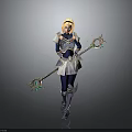 Blonde Haired Female Character In Armored Outfit Holding Creature Themed Magic Staff With Green Gemstones