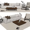Modern Linen Sofa And Wooden Coffee Table Set With Accent Chair And Decorative Lamps