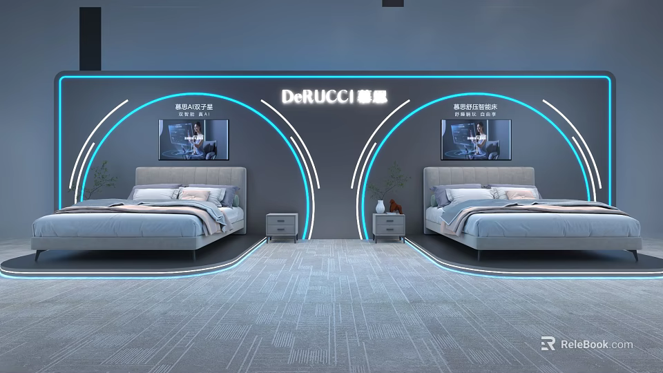 Modern Bedroom Showroom Display With DarUCCI Double Beds And Blue Lighting 3d model 