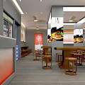 Modern Restaurant Interior With Wooden Stools Long Bar Counter Refrigerated Display Case And Menu Board
