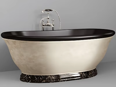Freestanding Beige And Black Bathtub With Elegant Marble Base And Classic Faucet 3d model