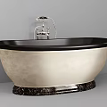 Freestanding Beige And Black Bathtub With Elegant Marble Base And Classic Faucet