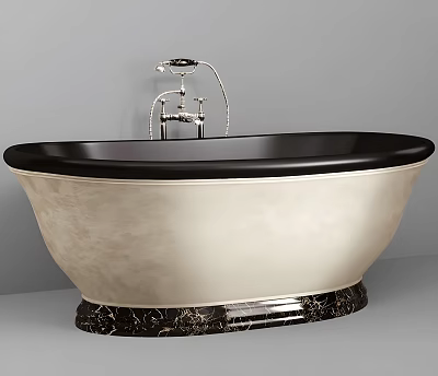 Freestanding Beige And Black Bathtub With Elegant Marble Base And Classic Faucet 3d model