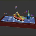 Colorful Model Scene With Red Ship Airplanes Blue Water And White Tower