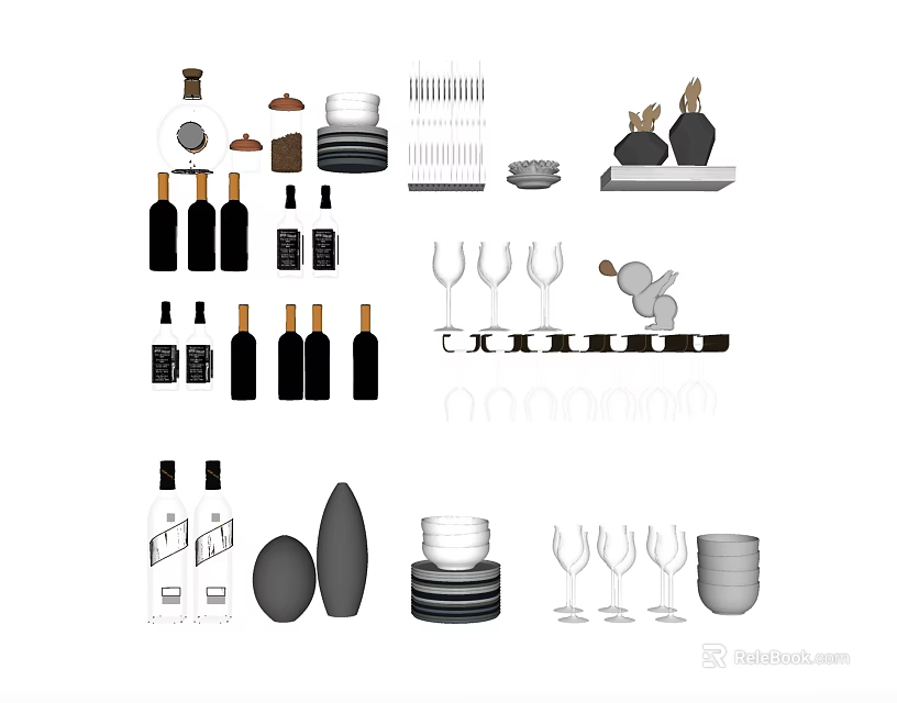 Modern Kitchenware Collection Featuring Wine Glasses Plates Bottles And Dishes 3d model