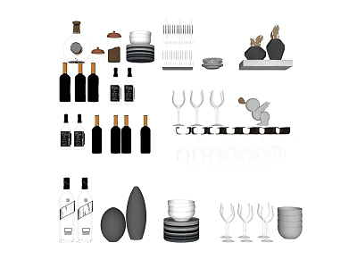Modern Kitchenware Collection Featuring Wine Glasses Plates Bottles And Dishes 3d model