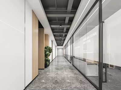 Modern Office Corridor With Glass Partitions Wooden Panels And Potted Plants 3d model