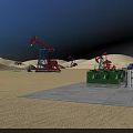 Industrial Plant Featuring Red Oil Pumps Sand Dunes Truck And Blue Sky Desert Scene