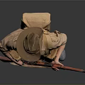 Man in Khaki Outfit and Hat Holding Rifle Against Gray Background