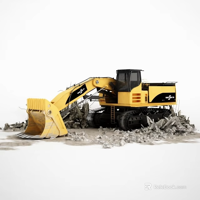 Yellow Crawler Excavator Efficiently Removing Rubble Debris at Construction Site 3d model
