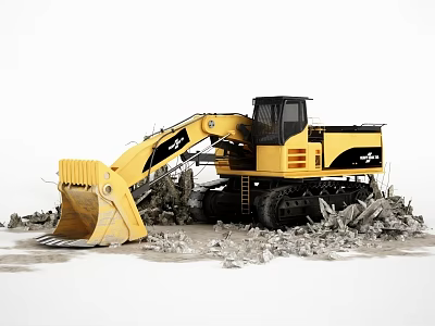 Yellow Crawler Excavator Efficiently Removing Rubble Debris at Construction Site 3d model