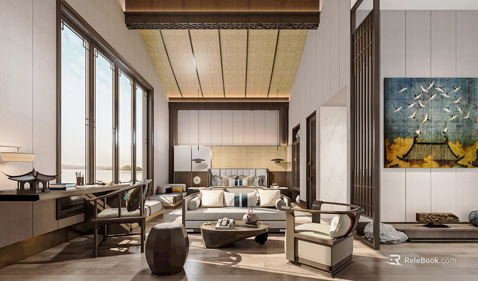 Hotel Guest Room Featuring Floor to Ceiling Windows Scenic View Wooden Ceiling and Bird Painting 3d model 